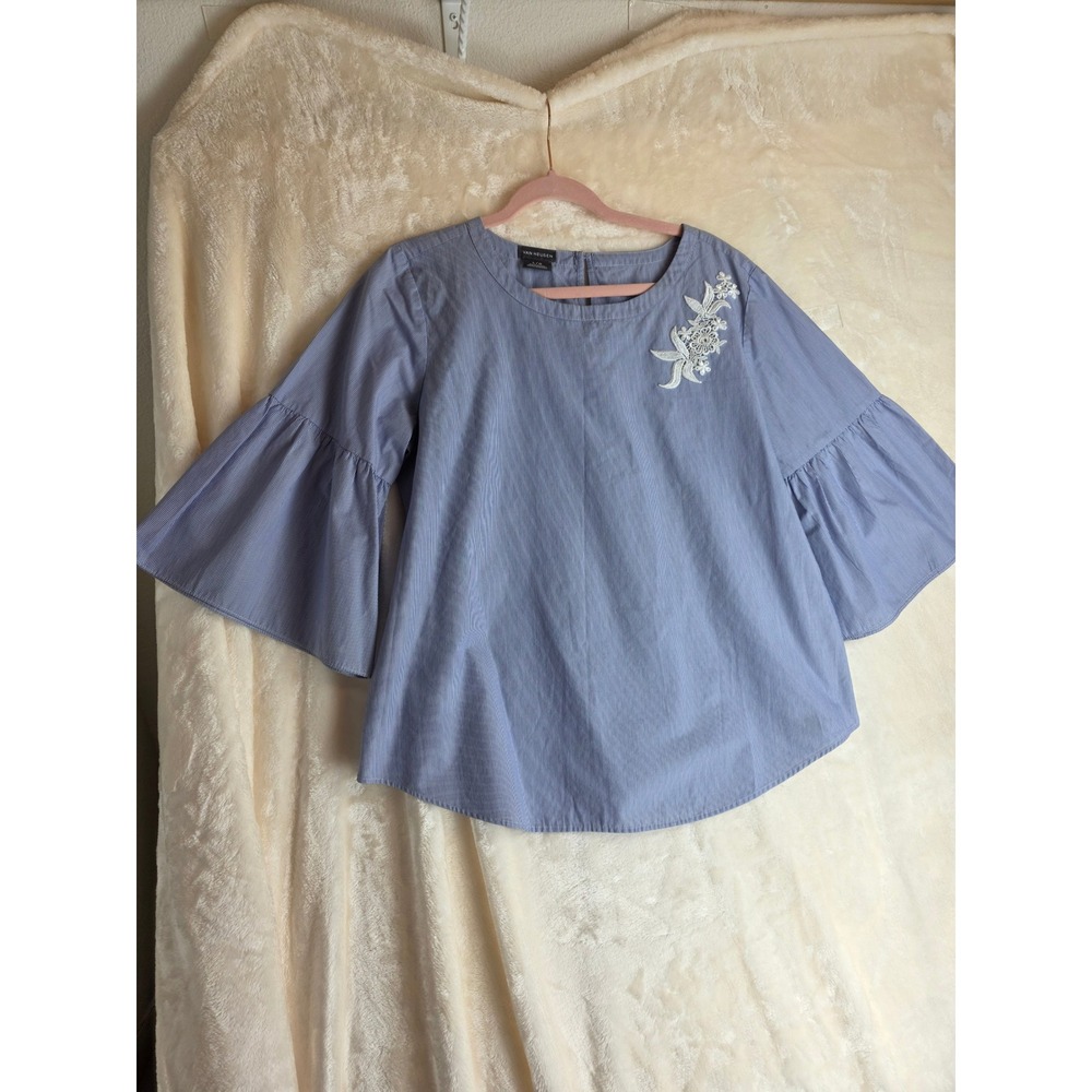VAN HEUSEN Blue White Pinstripe Bell Sleeve Embroidered Top‎ Women's L
